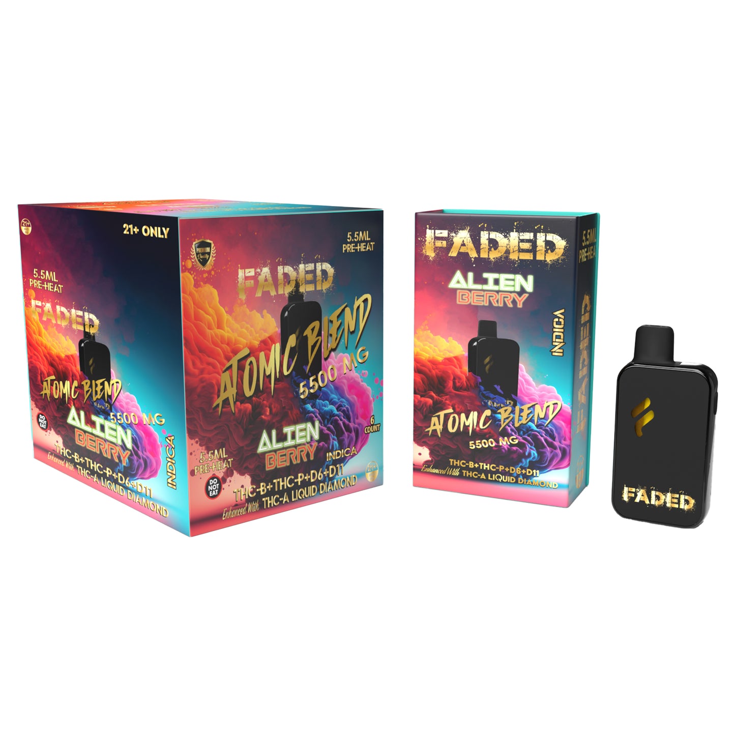 FADED THC-B+THC-P+D6+D11 ATOMIC BLEND RECHARGEABLE DISPOSABLE - INDICA ALIEN BERRY 5.5ML
