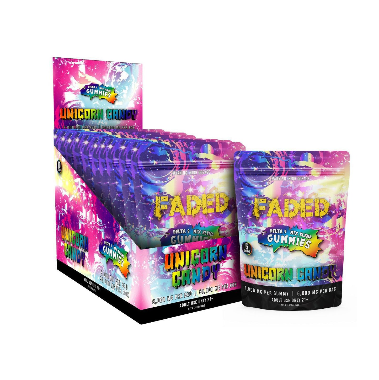 Faded D9 Mixed Blend Gummies Unicorn Candy 5000 MG Per Bag | 50000 MG Per Box