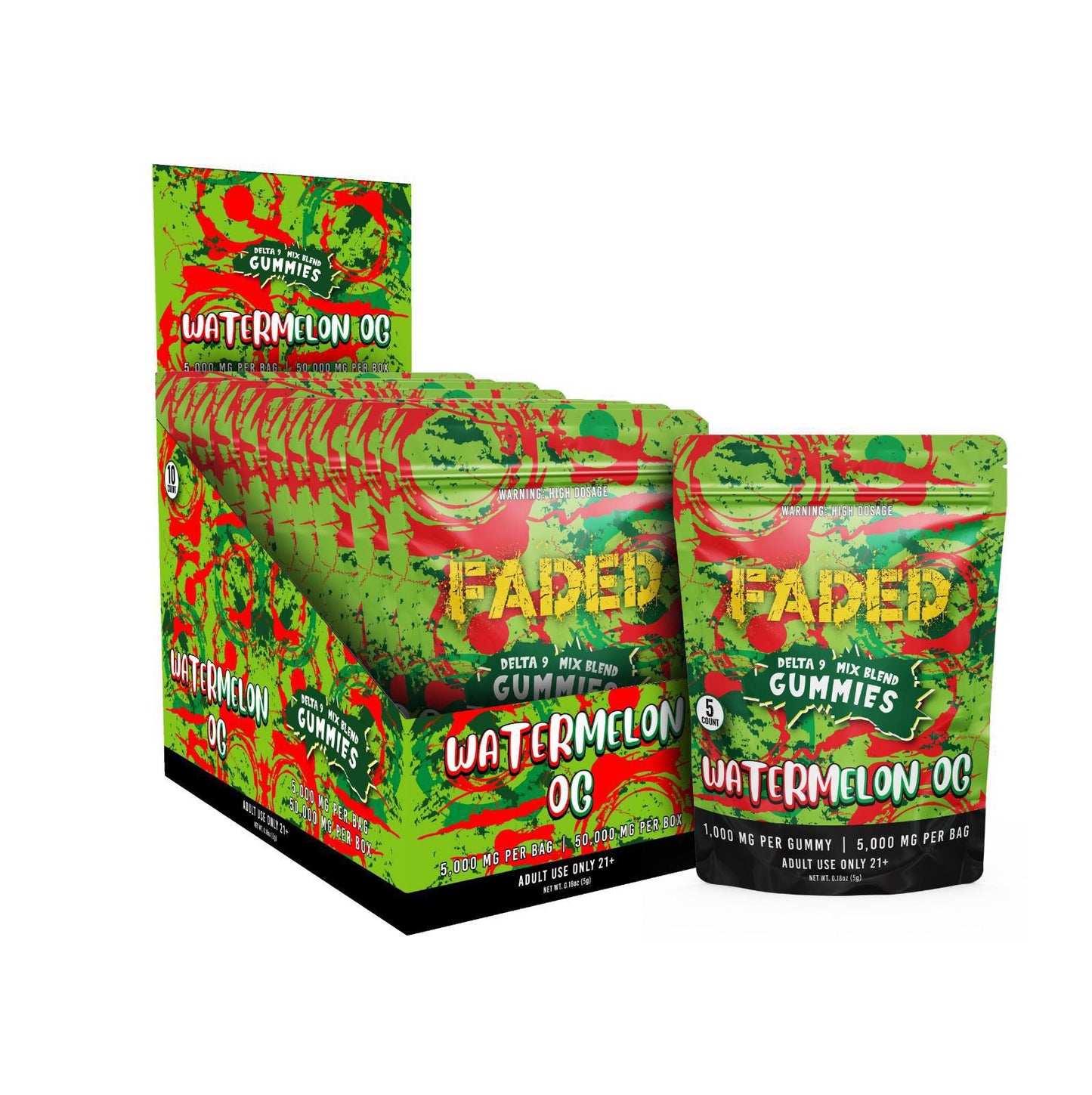 Faded D9 Mixed Blend Gummies Watermelon OG 5000 MG Per Bag | 50000 MG Per Box
