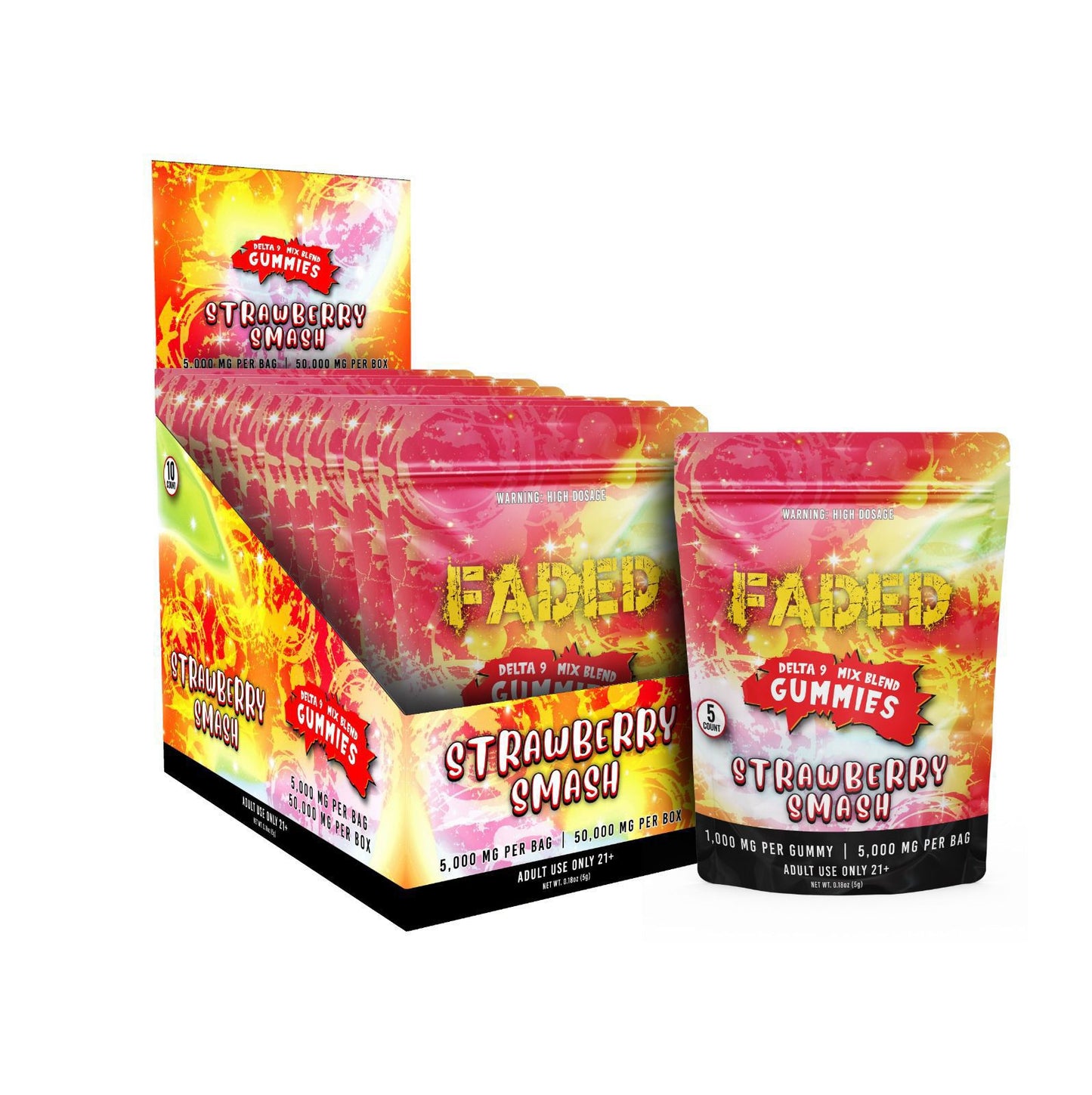 Faded D9 Mixed Blend Gummies Strawberry Smash 5000 MG Per Bag | 50000 MG Per Box