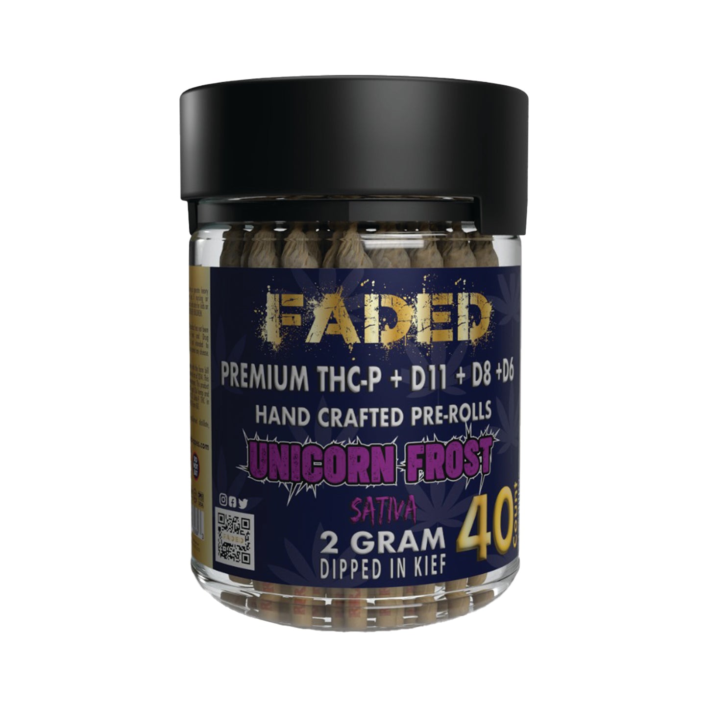 FADED PREMIUM DELTA-11+DELTA-6+DELTA-8+THC-P UNICORN FROST HAND CRAFTED PRE-ROLL 2GR 40CT JAR