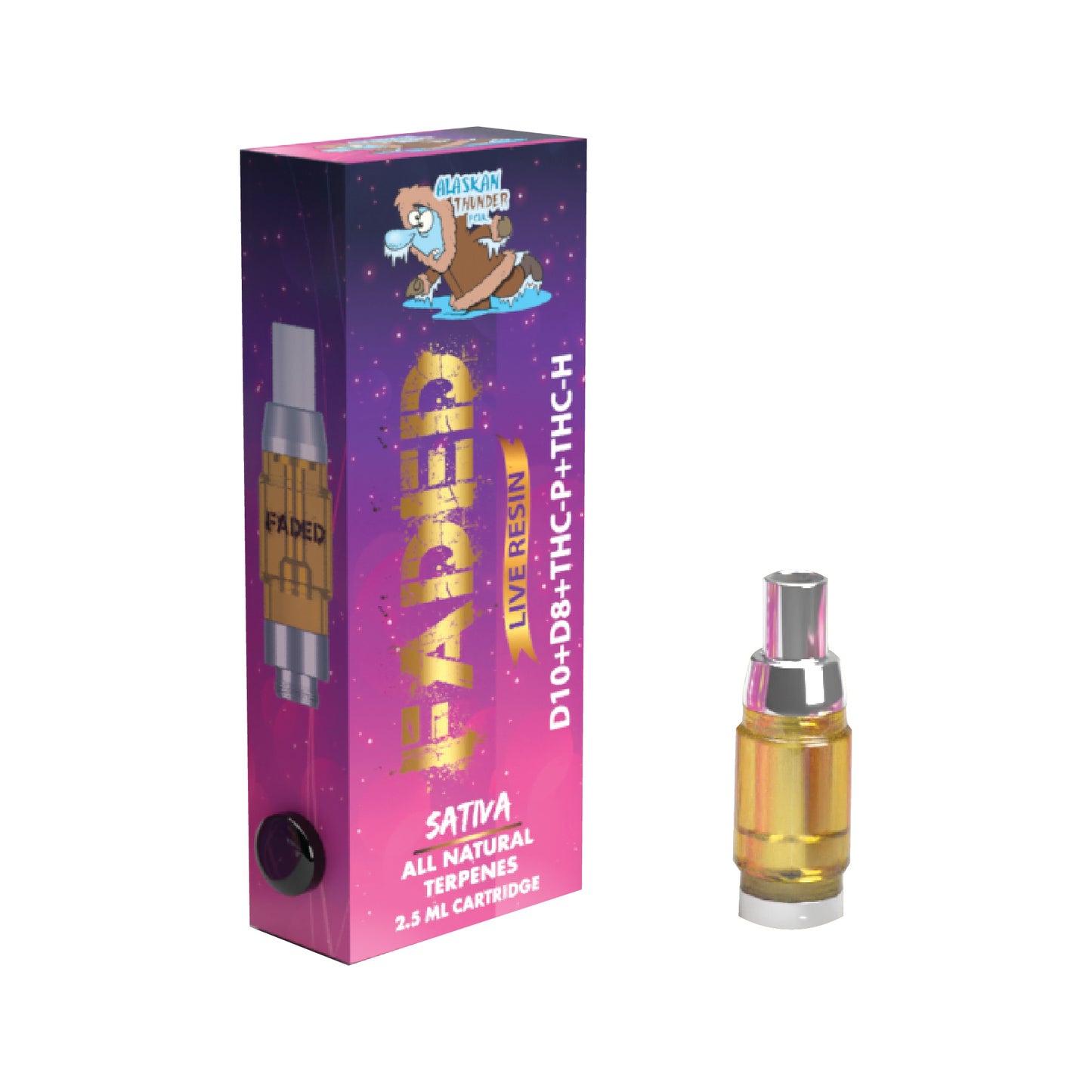 FADED D-10+D-8+THC-P+THC-H LIVE RESIN RECHARGEABLE CARTRIDGE - SATIVA ALASKAN THUNDER FCUK 2.5ML