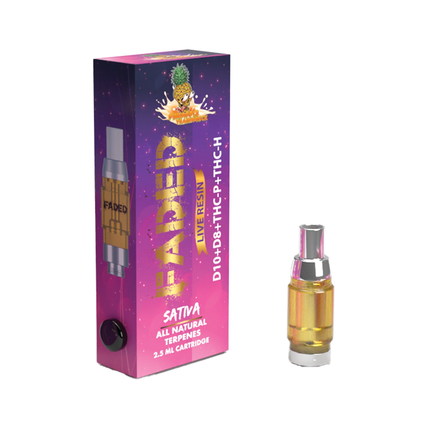 FADED D-10+D-8+THC-P+THC-H LIVE RESIN RECHARGEABLE CARTRIDGE - SATIVA PINEAPPLE TRAINWRECK 2.5ML