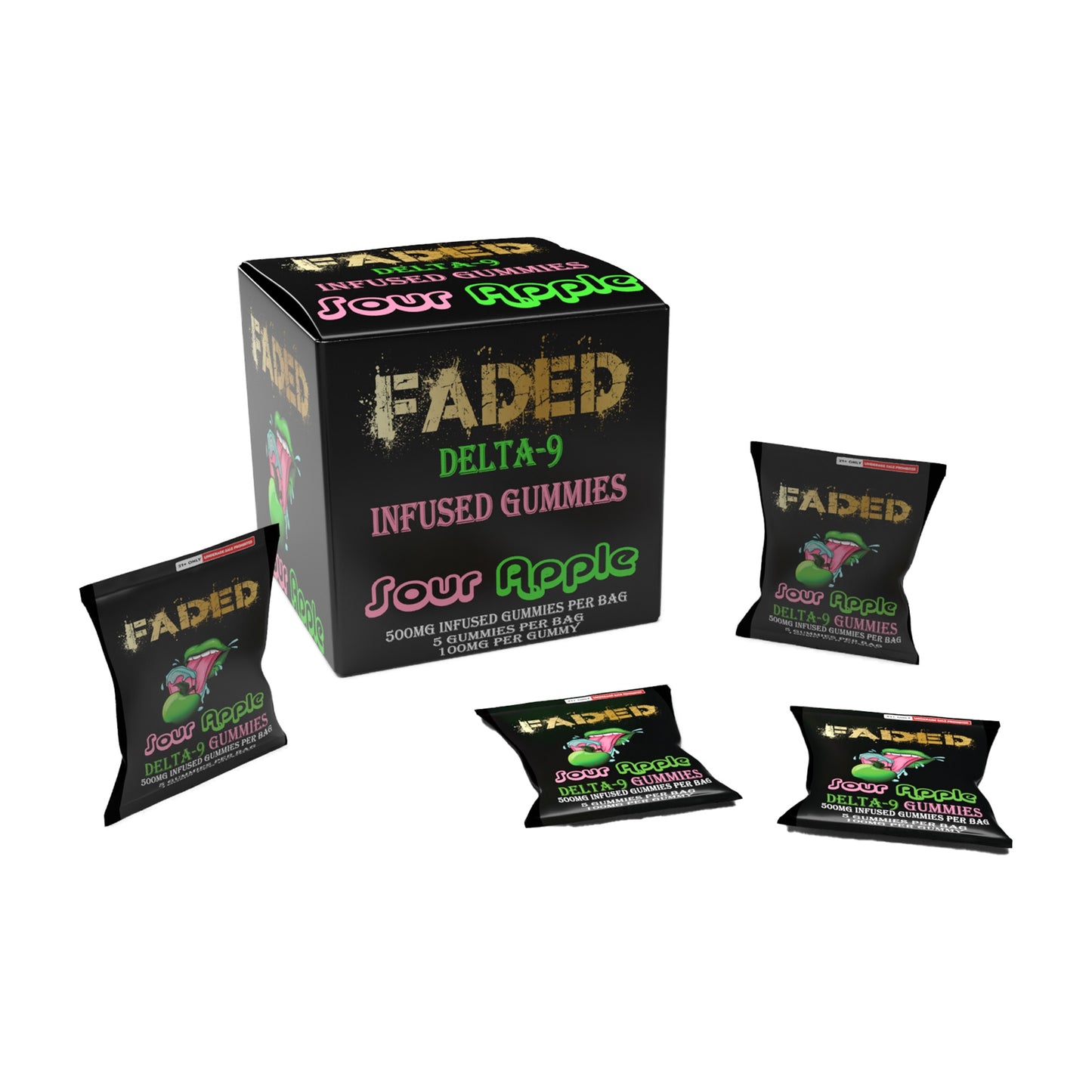 FADED DELTA - 9 SOUR APPLE 5CT GUMMIES BAG 500MG