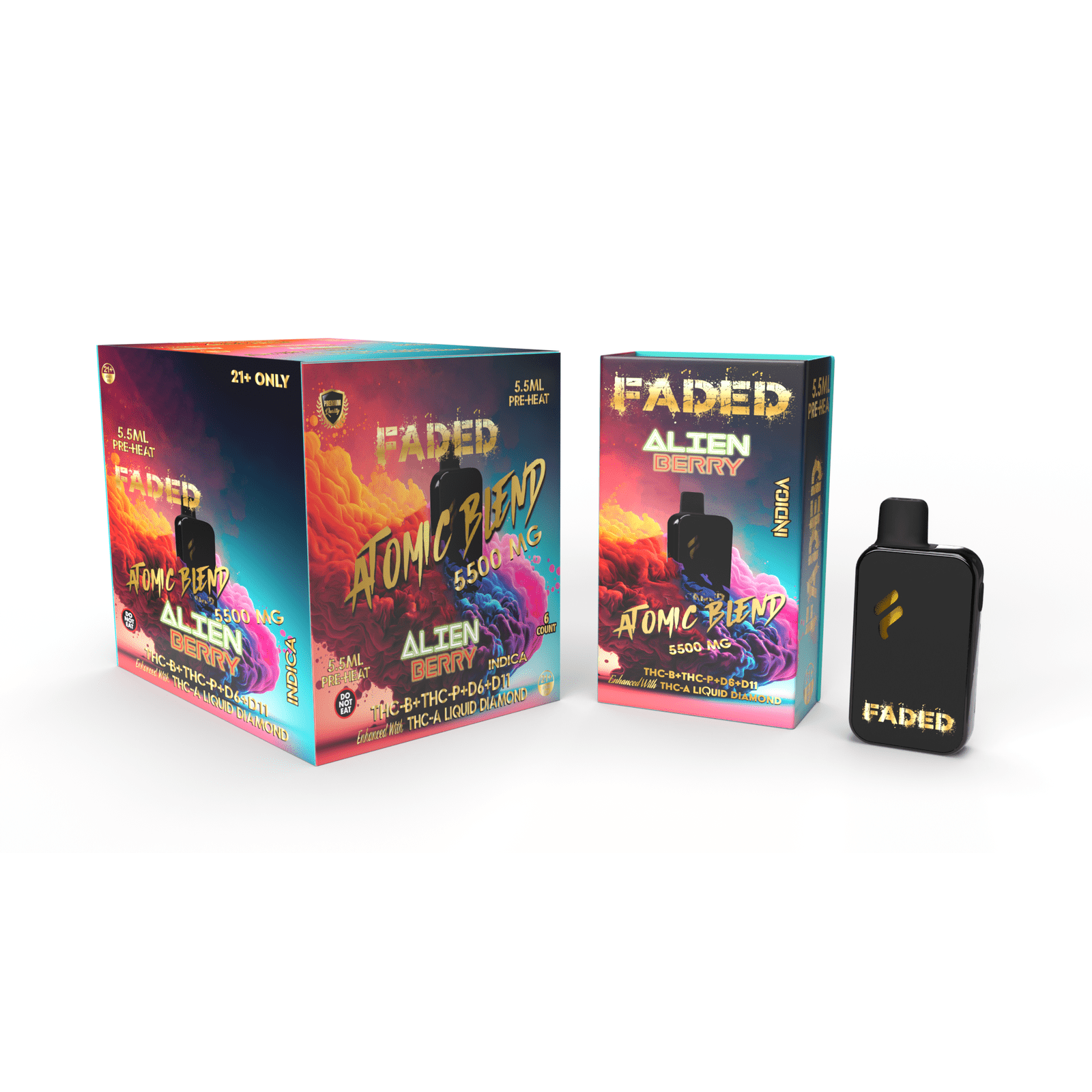 FADED THC-B+THC-P+D6+D11 ENHANCED WITH THC-A LIQUID DIAMOND RECHARGEABLE DISPOSABLE - INDICA ALIEN BERRY 5.5ML