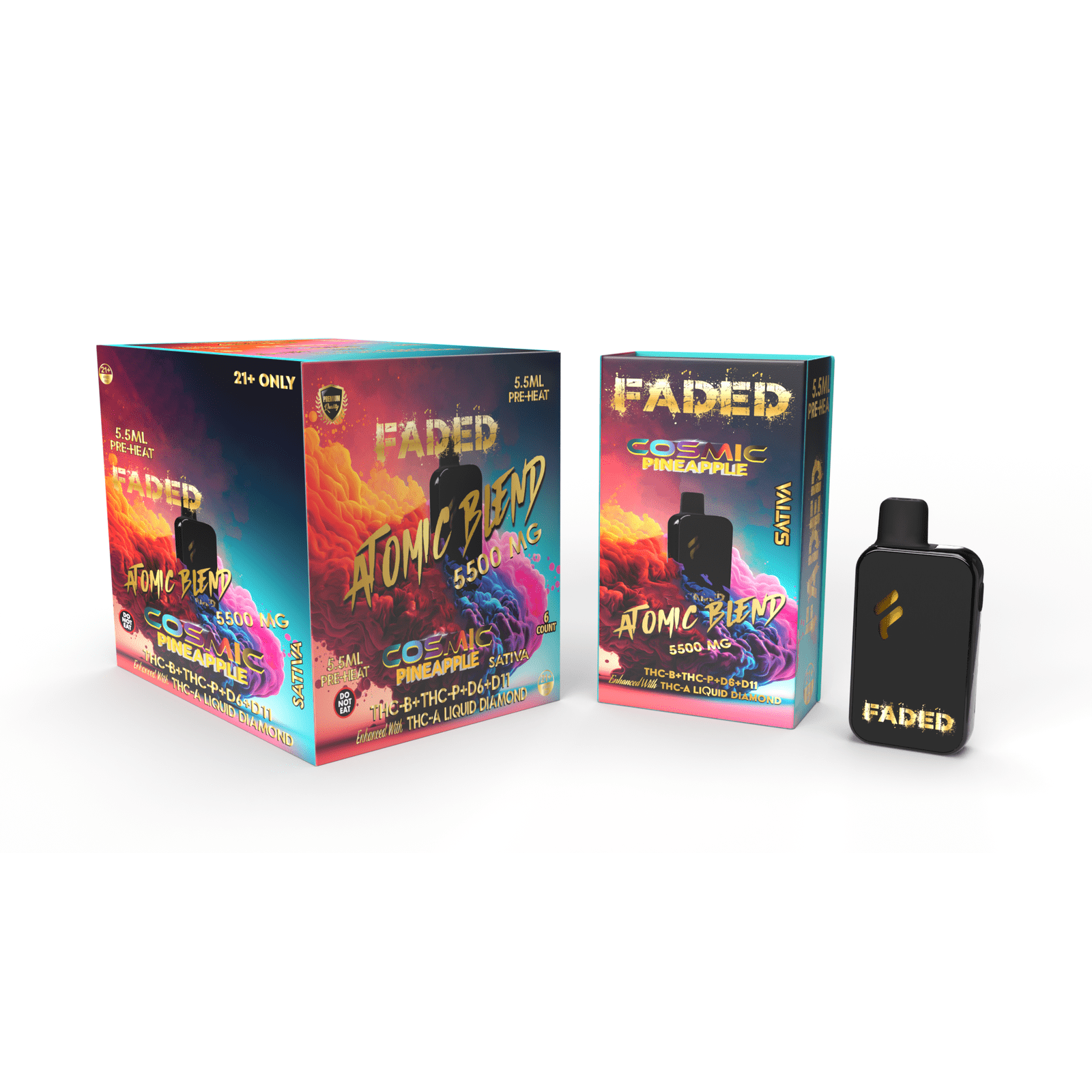 FADED THC-B+THC-P+D6+D11 ENHANCED WITH THC-A LIQUID DIAMOND RECHARGEABLE DISPOSABLE - SATIVA COSMIC PINEAPPLE 5.5ML