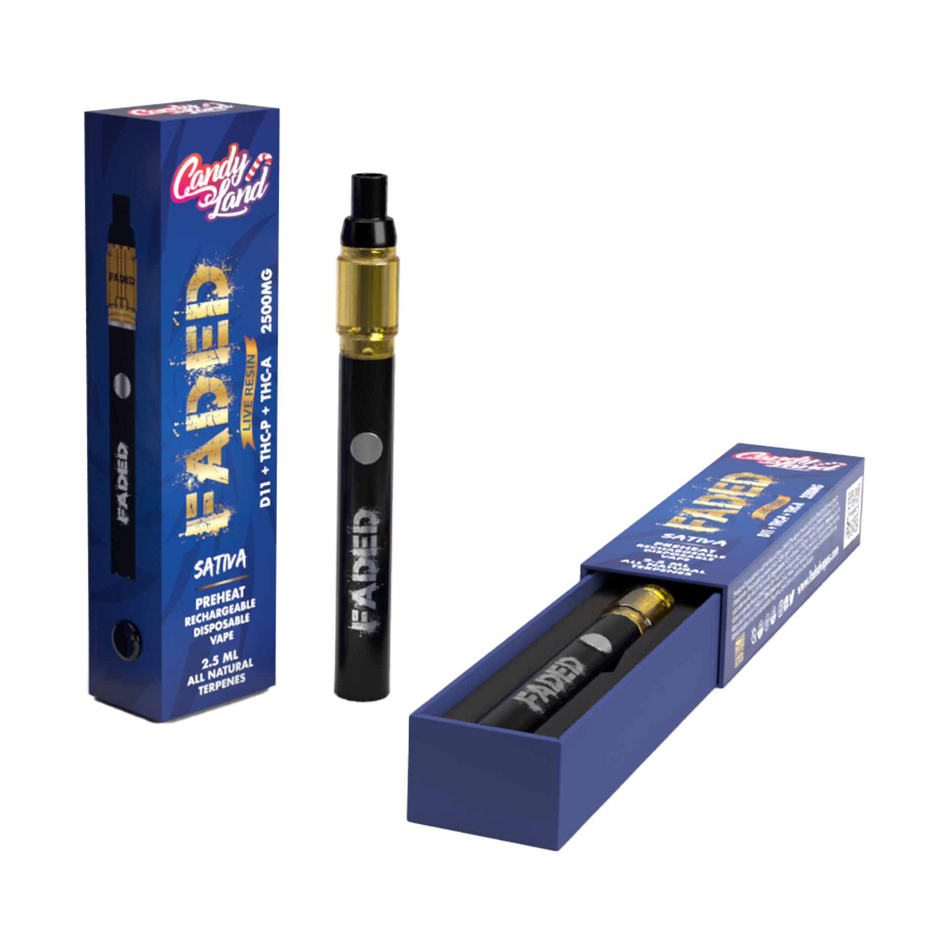 FADED DELTA-11+THC-P+THC-A RECHARGEABLE DISPOSABLE - SATIVA CANDY LAND 2.5ML