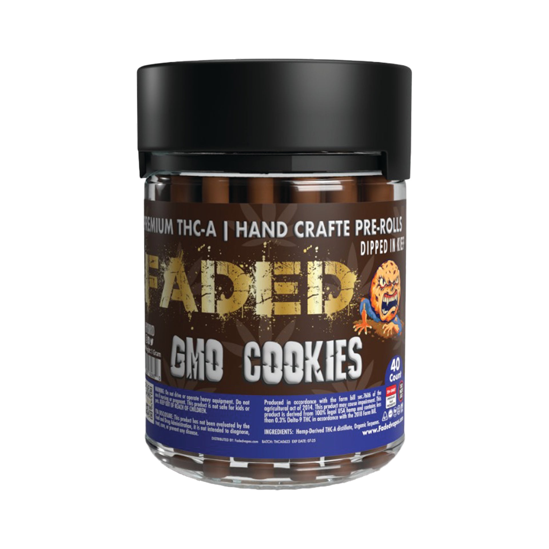 FADED PREMIUM THC-A GMO COOKIES HAND CRAFTED PRE-ROLL 1GR 40CT JAR