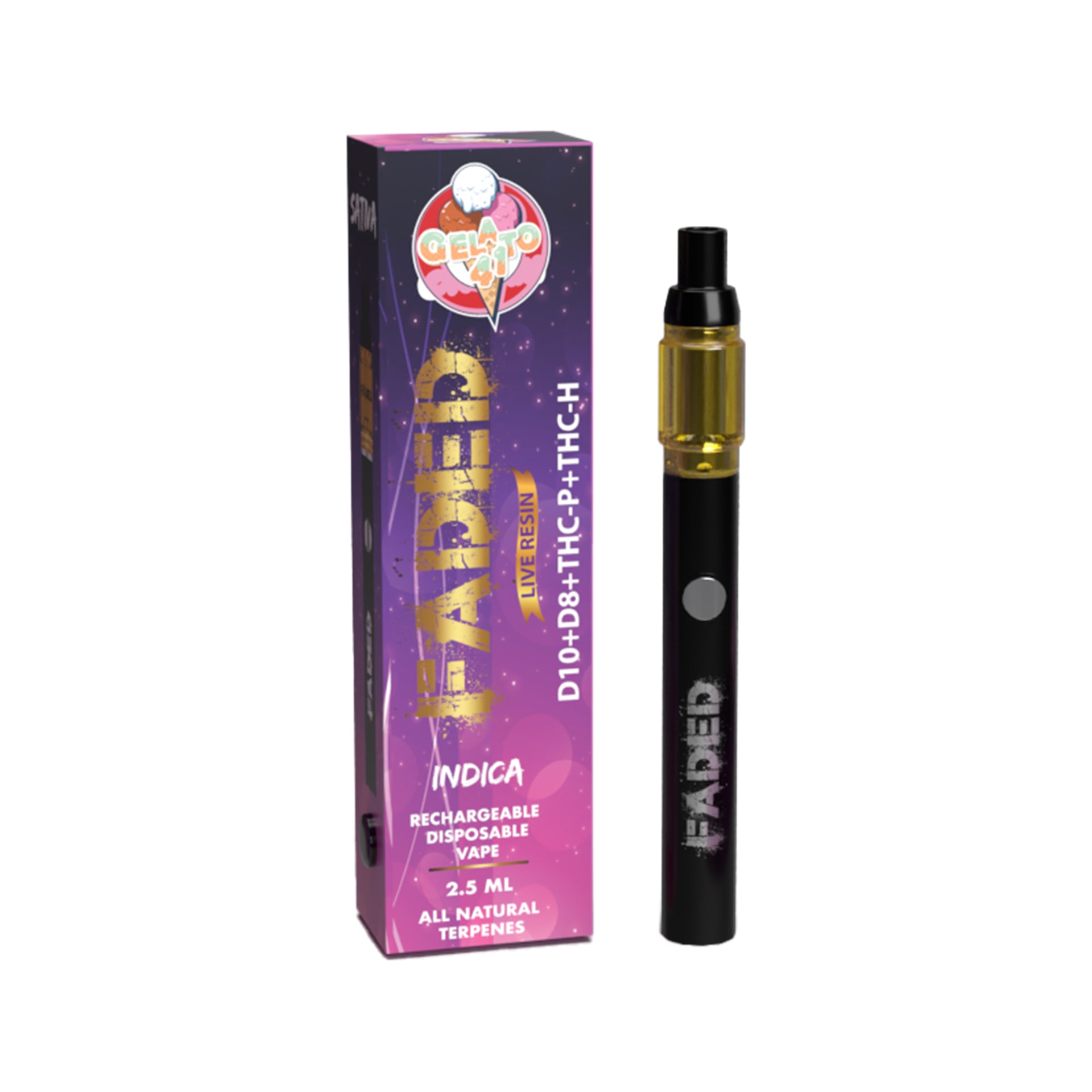 FADED D-10+D-8+THC-P+THC-H LIVE RESIN RECHARGEABLE DISPOSABLE - INDICA GELATO 41 2.5ML