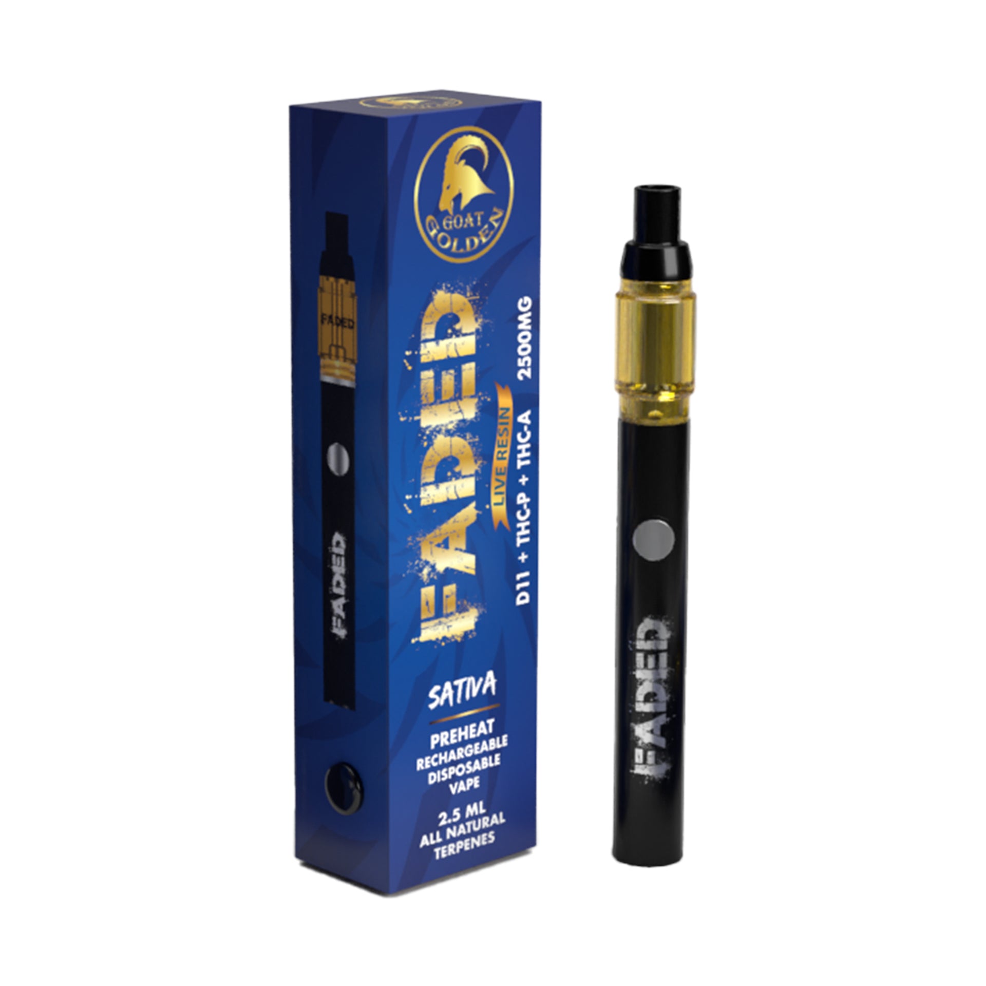 FADED DELTA-11+THC-P+THC-A RECHARGEABLE DISPOSABLE - SATIVA GOLDEN GOAT 2.5ML