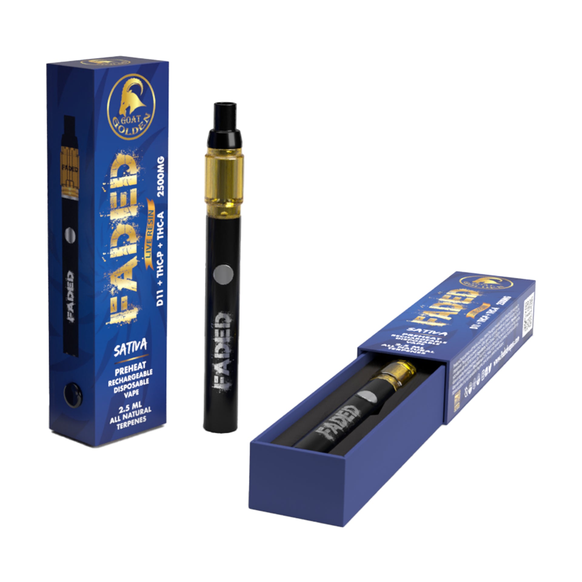 FADED DELTA-11+THC-P+THC-A RECHARGEABLE DISPOSABLE - SATIVA GOLDEN GOAT 2.5ML