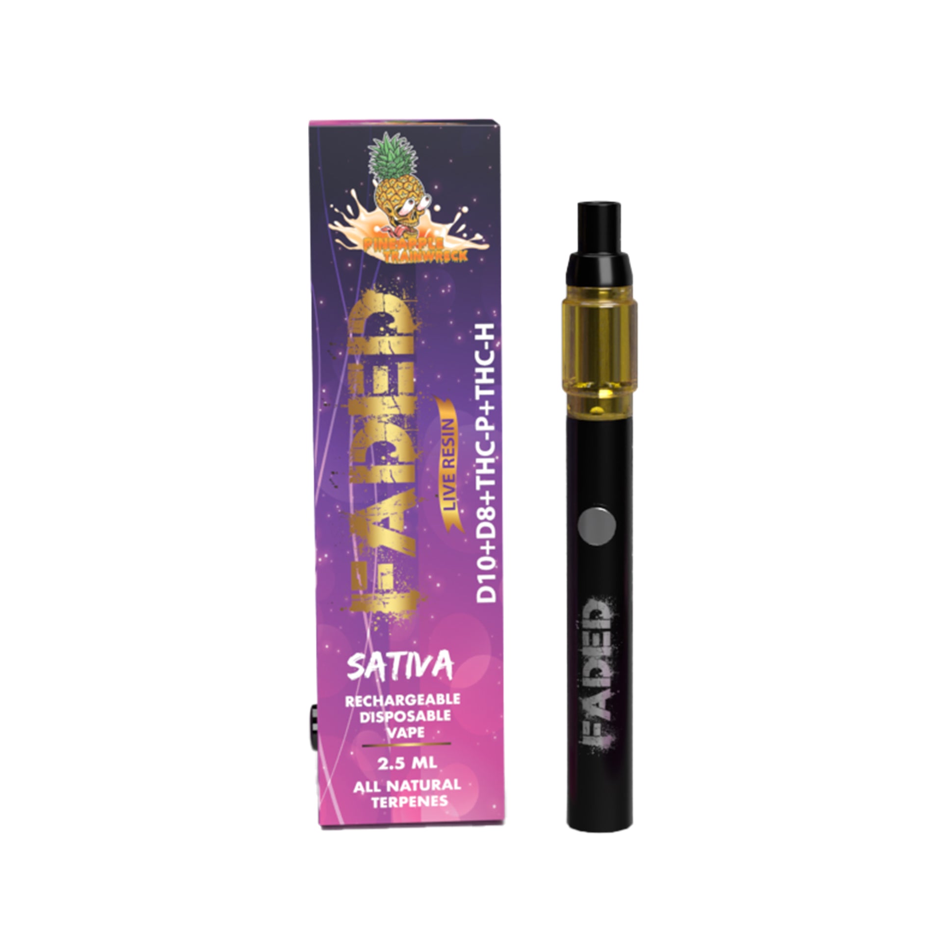 FADED D-10+D-8+THC-P+THC-H LIVE RESIN RECHARGEABLE DISPOSABLE - SATIVA PINEAPPLE TRAINWRECK 2.5ML