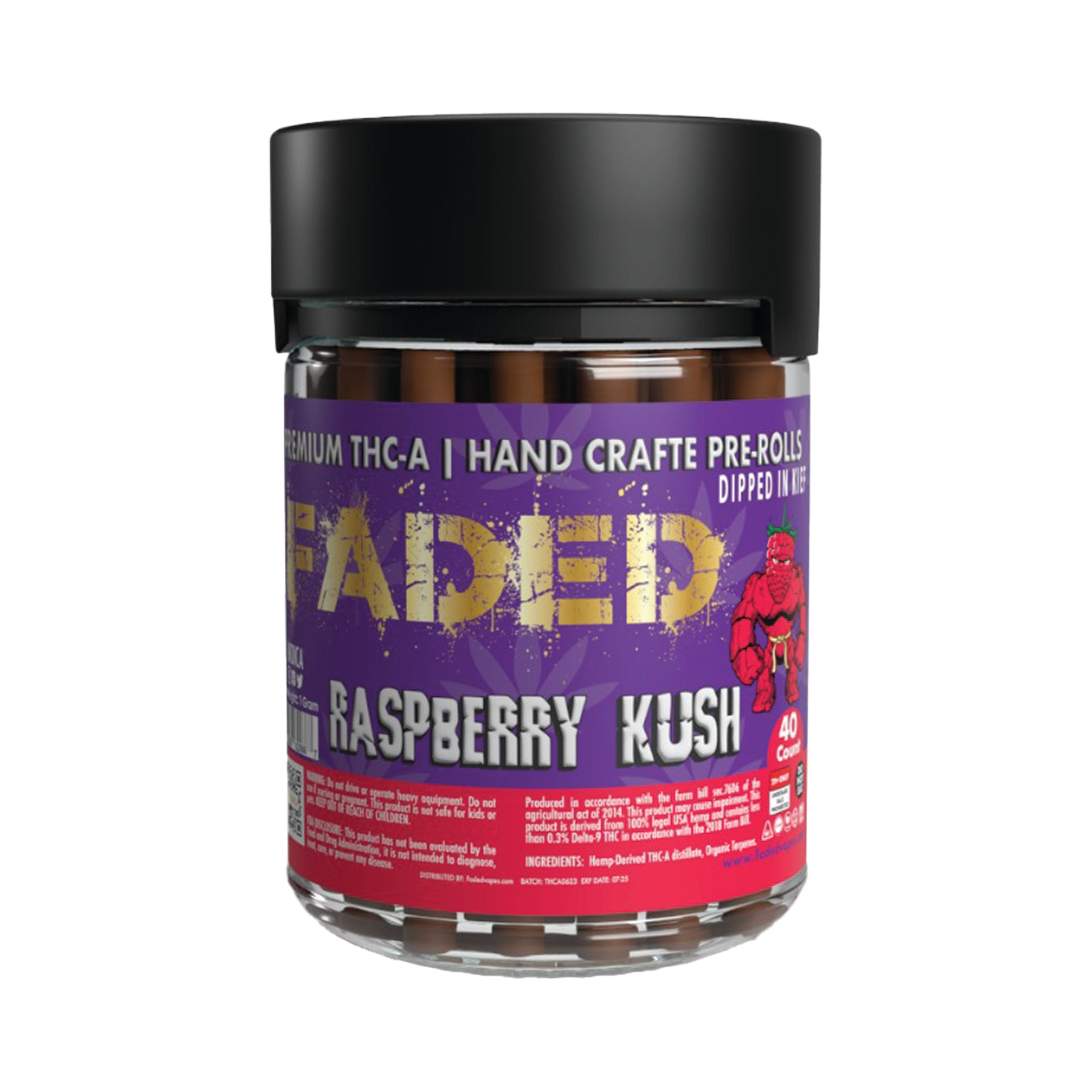 FADED PREMIUM THC-A RASPBERRY KUSH HAND CRAFTED PRE-ROLL 1GR 40CT JAR