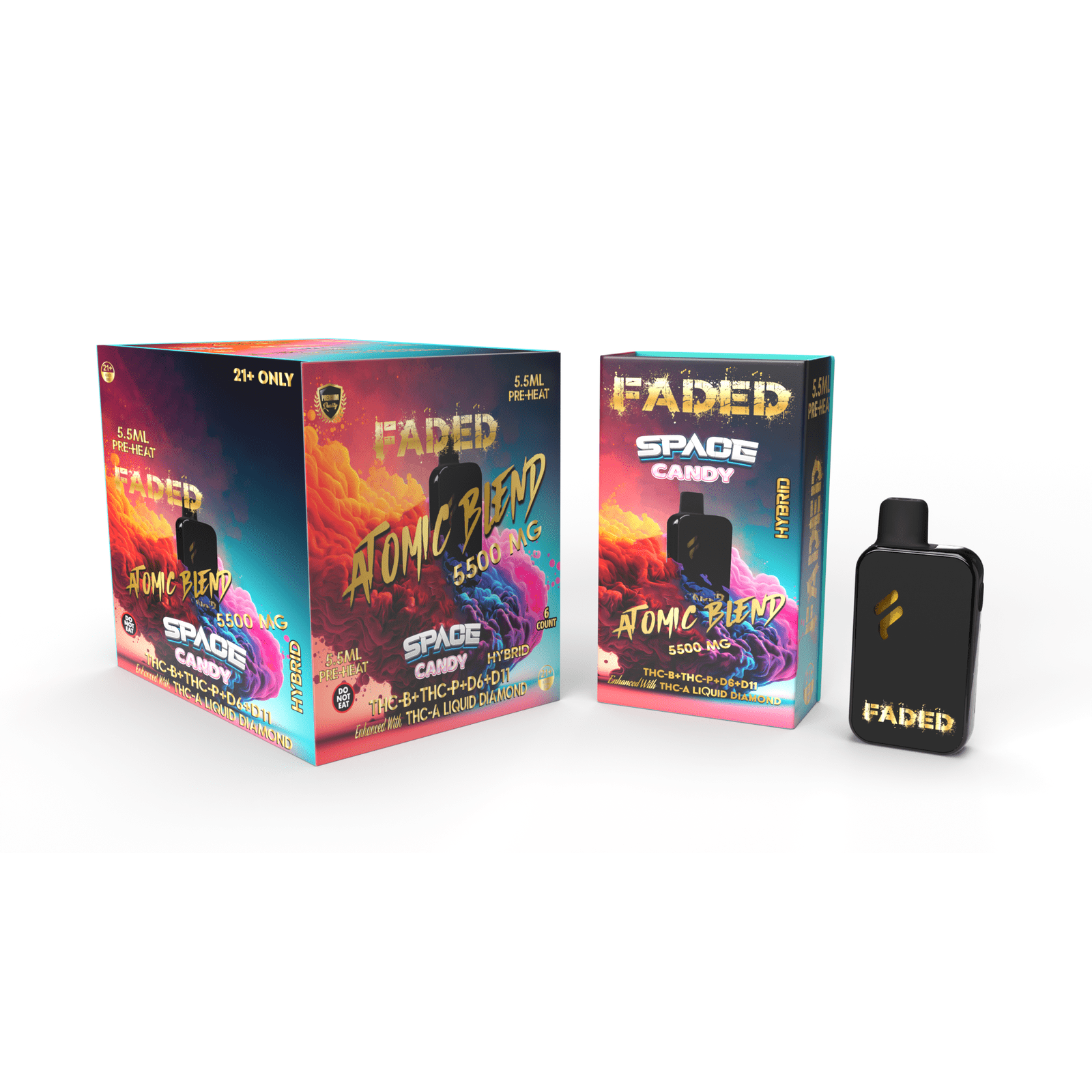 FADED THC-B+THC-P+D6+D11 ENHANCED WITH THC-A LIQUID DIAMOND RECHARGEABLE DISPOSABLE - HYBRID SPACE CANDY 5.5ML