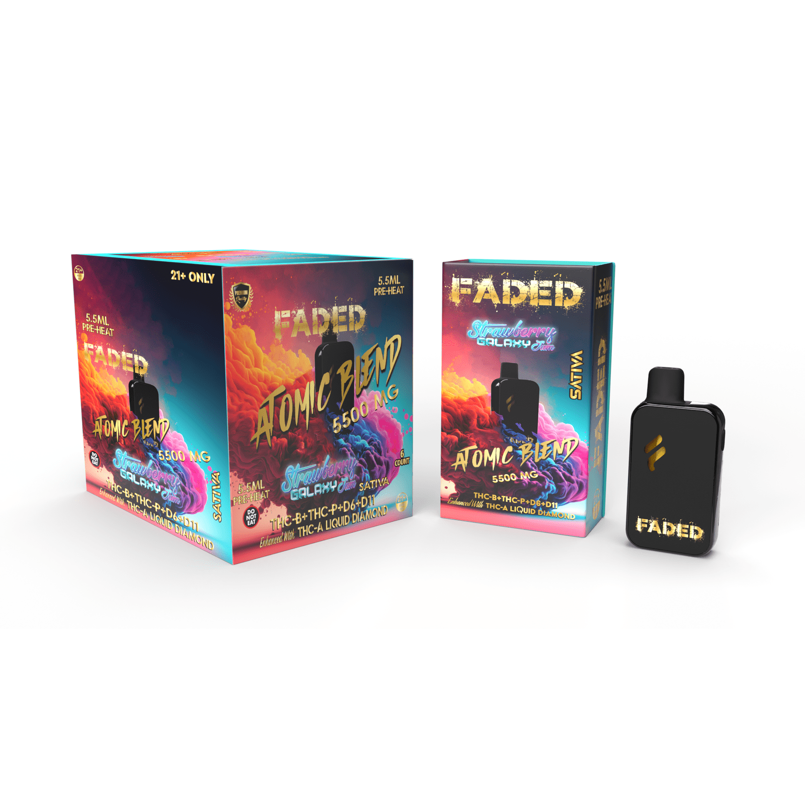 FADED THC-B+THC-P+D6+D11 ENHANCED WITH THC-A LIQUID DIAMOND RECHARGEABLE DISPOSABLE - SATIVA STRAWBERRY GALAXY JAM 5.5ML