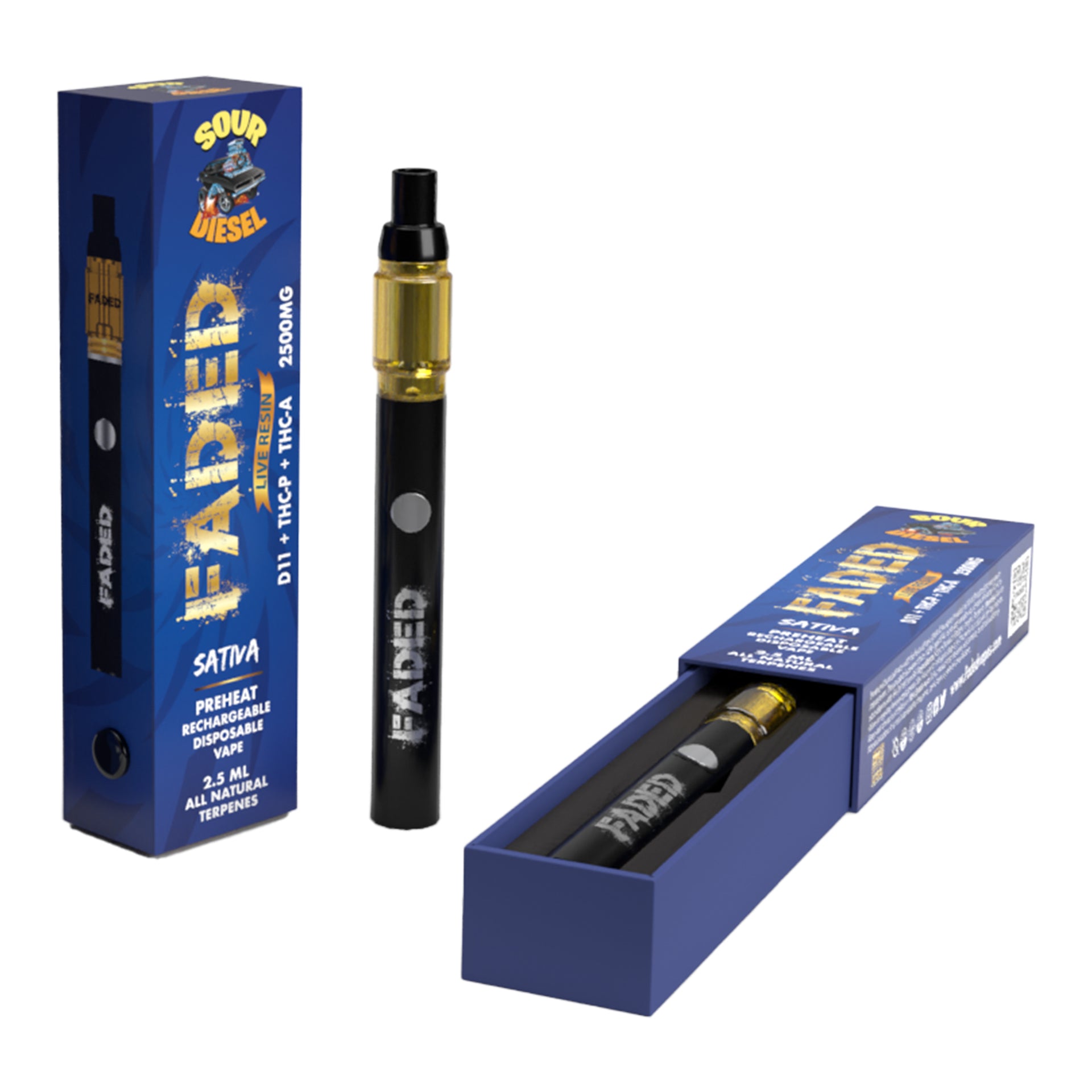 FADED DELTA-11+THC-P+THC-A RECHARGEABLE DISPOSABLE - SATIVA SOUR DIESEL 2.5ML