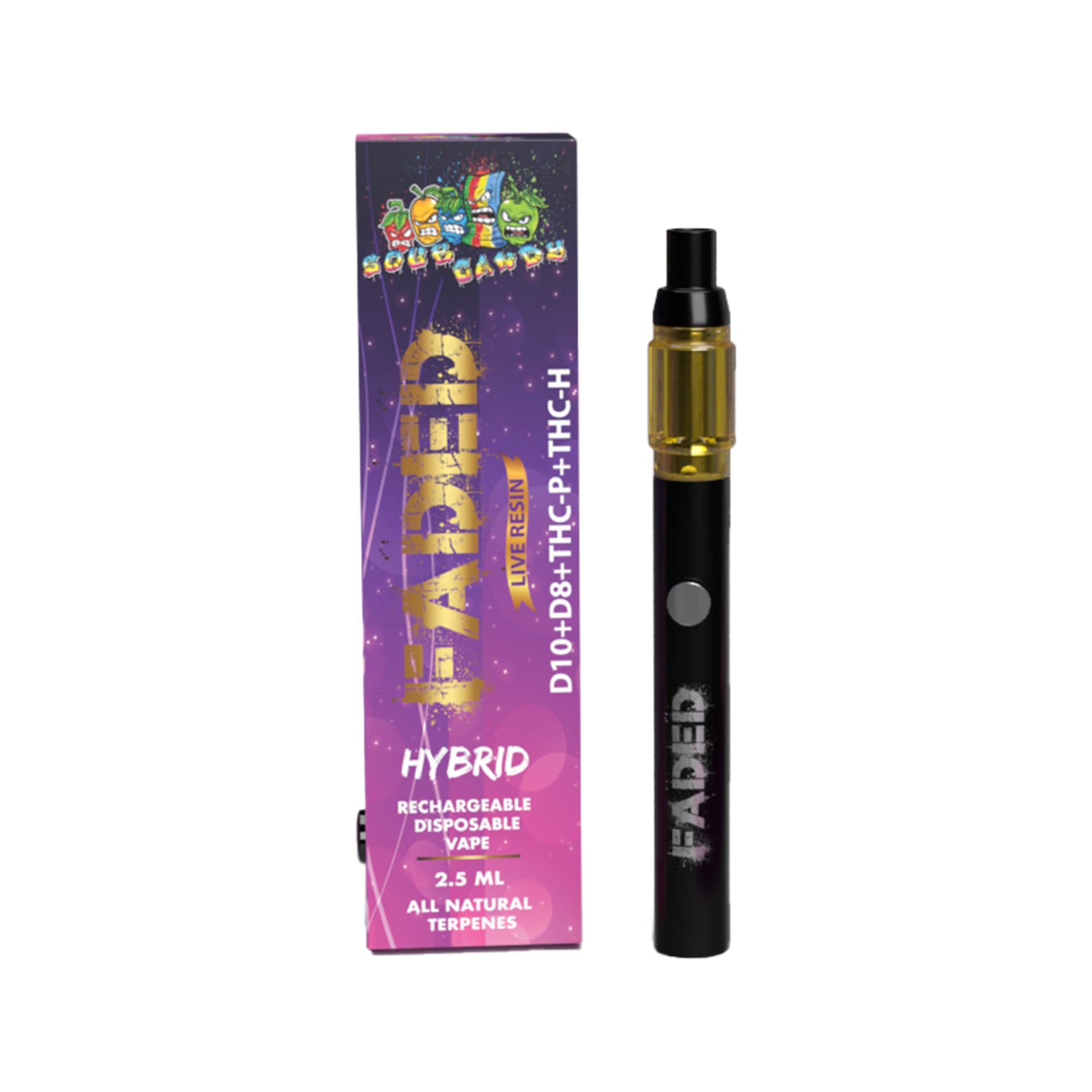 FADED D-10+D-8+THC-P+THC-H LIVE RESIN RECHARGEABLE DISPOSABLE - HYBRID SOUR CANDY 2.5ML