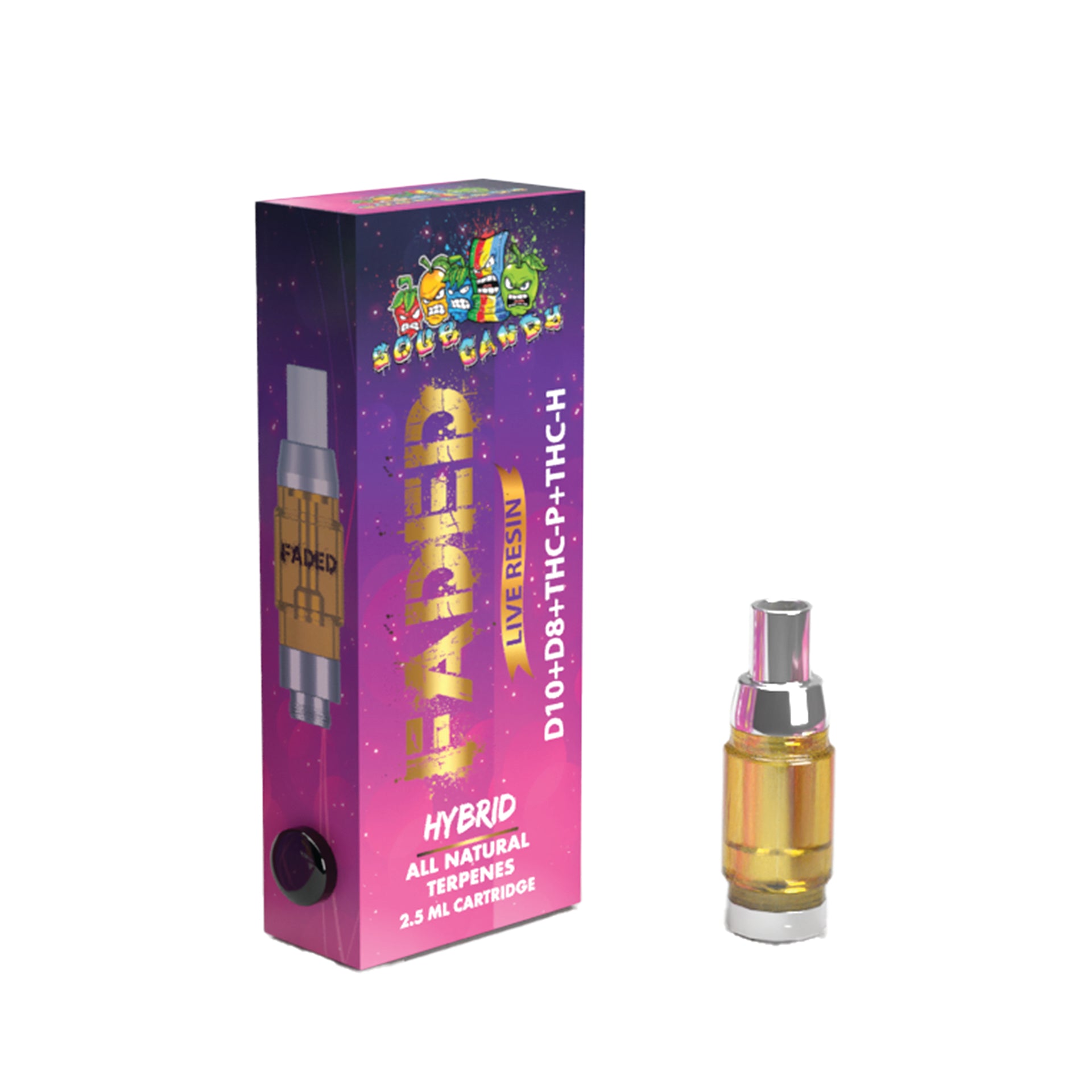 FADED D-10+D-8+THC-P+THC-H LIVE RESIN RECHARGEABLE CARTRIDGE - HYBRID SOUR CANDY 2.5ML